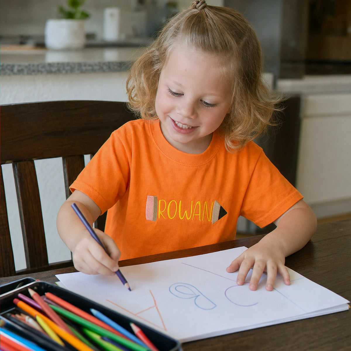 Personalized Back to School T-shirt for Elementary Kids - Embroidered Name in Pencil Youth Tee