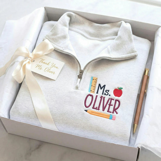 Personalized Elementary Teacher Quarter Zip - Embroidered Name & Retro School Themed Sweatshirt - Teacher Appreciation Gift