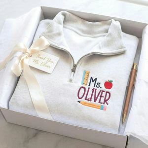 Personalized Elementary Teacher Quarter Zip - Embroidered Name & Retro School Themed Sweatshirt - Teacher Appreciation Gift