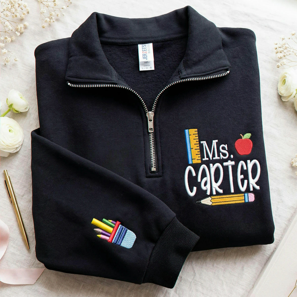 Personalized Elementary Teacher Quarter Zip - Embroidered Name & Retro School Themed Sweatshirt - Teacher Appreciation Gift