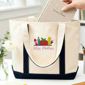 Personalized Preschool Teacher Name Embroidered Tote Bag - Apple Pencil Icon.