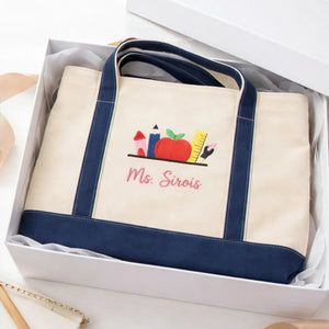 Personalized Preschool Teacher Name Embroidered Tote Bag - Apple Pencil Icon.