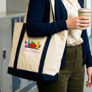 Personalized Preschool Teacher Name Embroidered Tote Bag - Apple Pencil Icon.