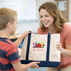 Personalized Preschool Teacher Name Embroidered Tote Bag - Apple Pencil Icon.
