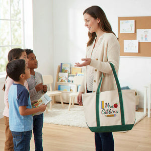 Embroidered Elementary Teacher Tote Bag - Personalized Name & Boho Apple Pencil
