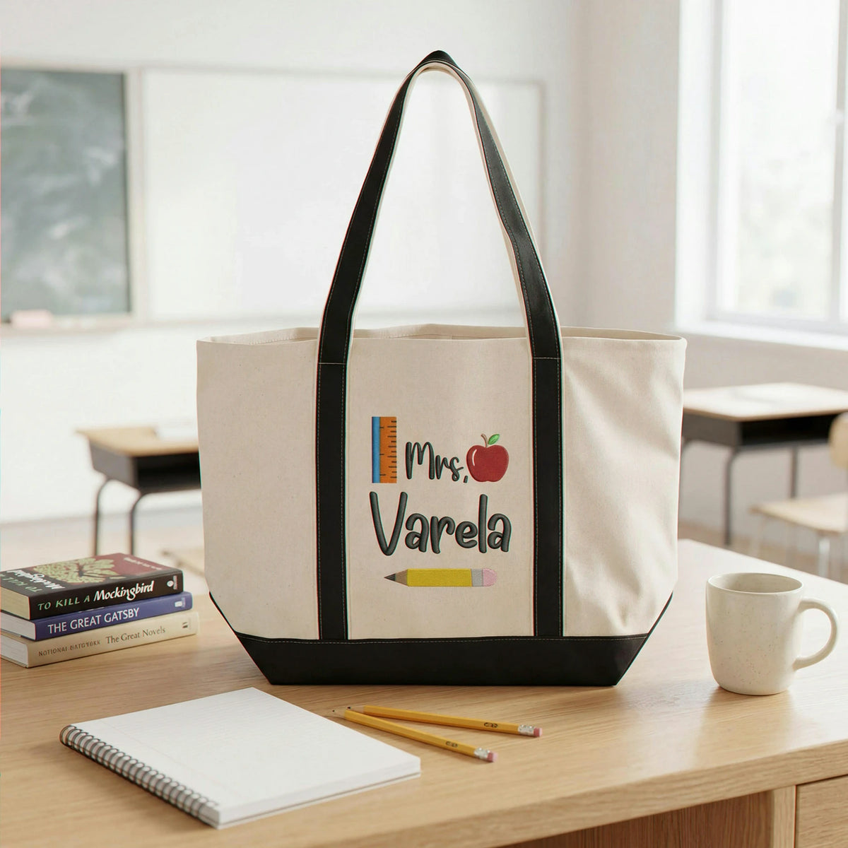 Embroidered Elementary Teacher Tote Bag - Personalized Name & Boho Apple Pencil