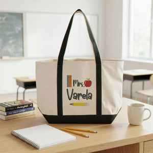 Embroidered Elementary Teacher Tote Bag - Personalized Name & Boho Apple Pencil