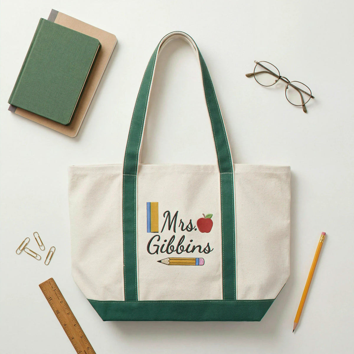 Embroidered Elementary Teacher Tote Bag - Personalized Name & Boho Apple Pencil