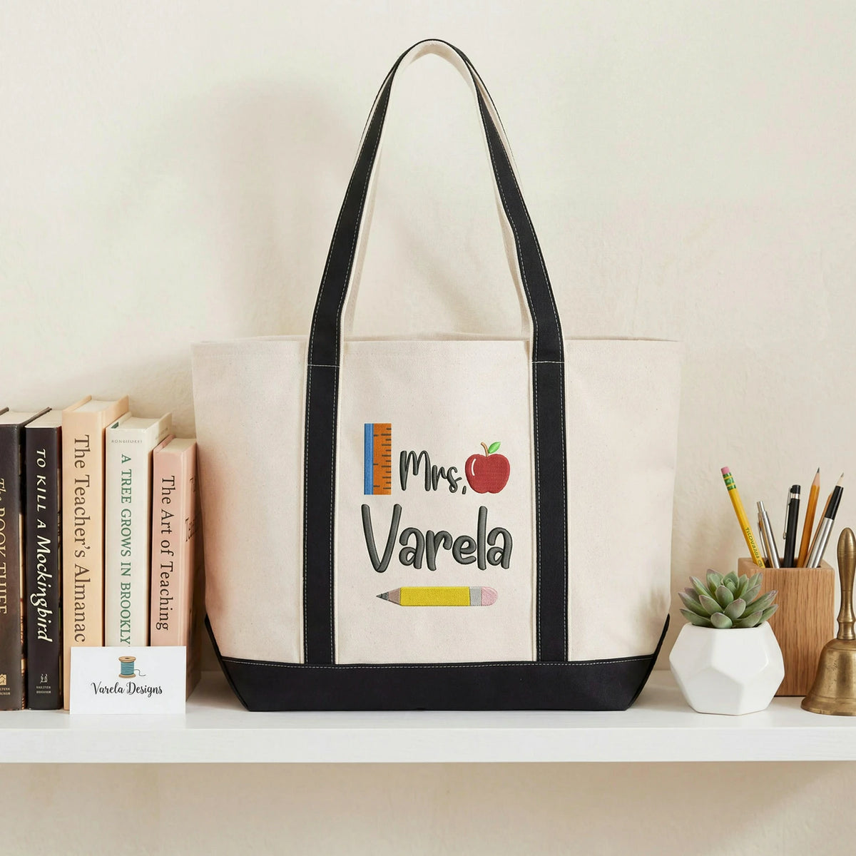 Embroidered Elementary Teacher Tote Bag - Personalized Name & Boho Apple Pencil