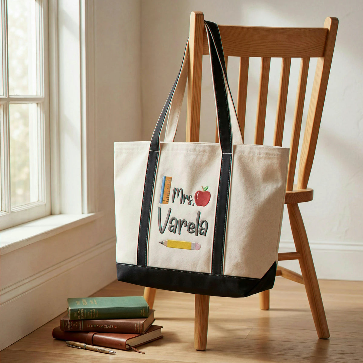 Embroidered Elementary Teacher Tote Bag - Personalized Name & Boho Apple Pencil