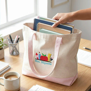 Personalized Teacher Zipper Tote Bag - Embroidered Name Apple Pencil Icon