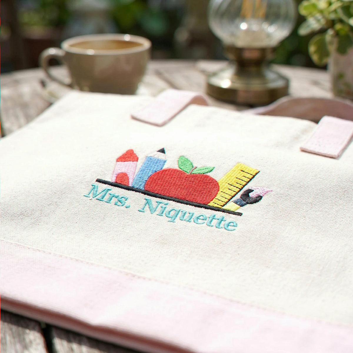 Personalized Teacher Zipper Tote Bag - Embroidered Name Apple Pencil Icon