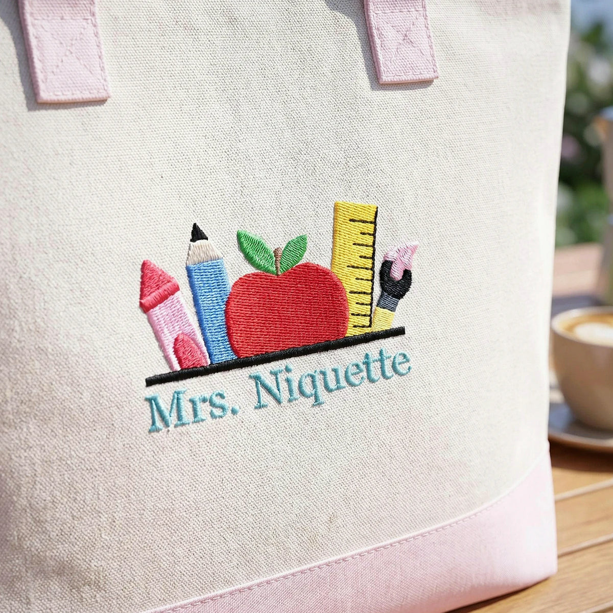 Personalized Teacher Zipper Tote Bag - Embroidered Name Apple Pencil Icon