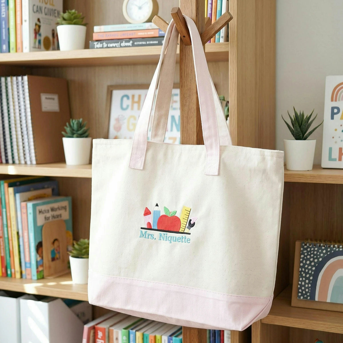 Personalized Teacher Zipper Tote Bag - Embroidered Name Apple Pencil Icon