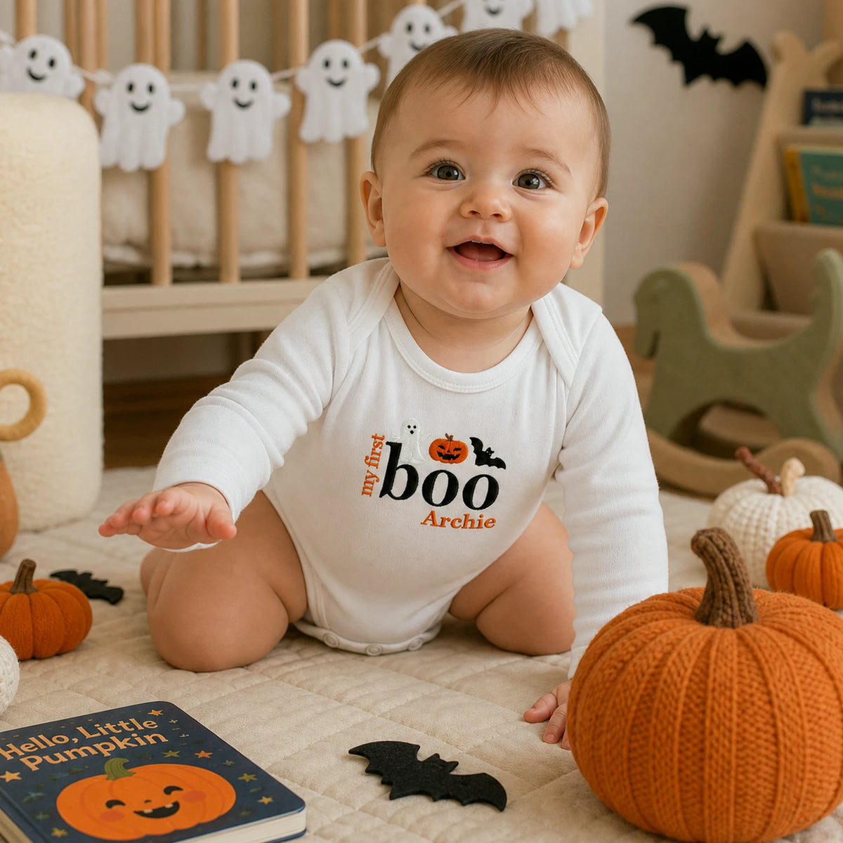 Personalized First Halloween Baby Bodysuit - Embroidered Name with Pumpkin Patch One-Piece, First Fall Season Gift