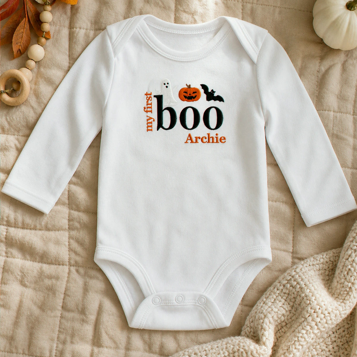 Personalized First Halloween Baby Bodysuit - Embroidered Name with Pumpkin Patch One-Piece, First Fall Season Gift