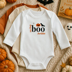 Personalized First Halloween Baby Bodysuit - Embroidered Name with Pumpkin Patch One-Piece, First Fall Season Gift
