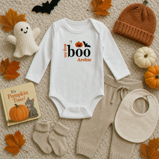 Personalized First Halloween Baby Bodysuit - Embroidered Name with Pumpkin Ghost One-Piece, First Spooky Season Gift
