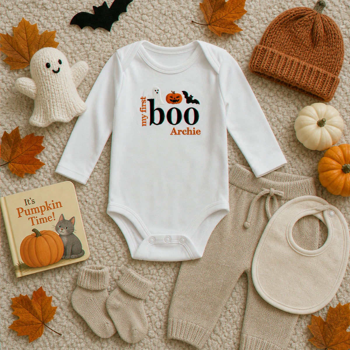 Personalized First Halloween Baby Bodysuit - Embroidered Name with Pumpkin Patch One-Piece, First Fall Season Gift