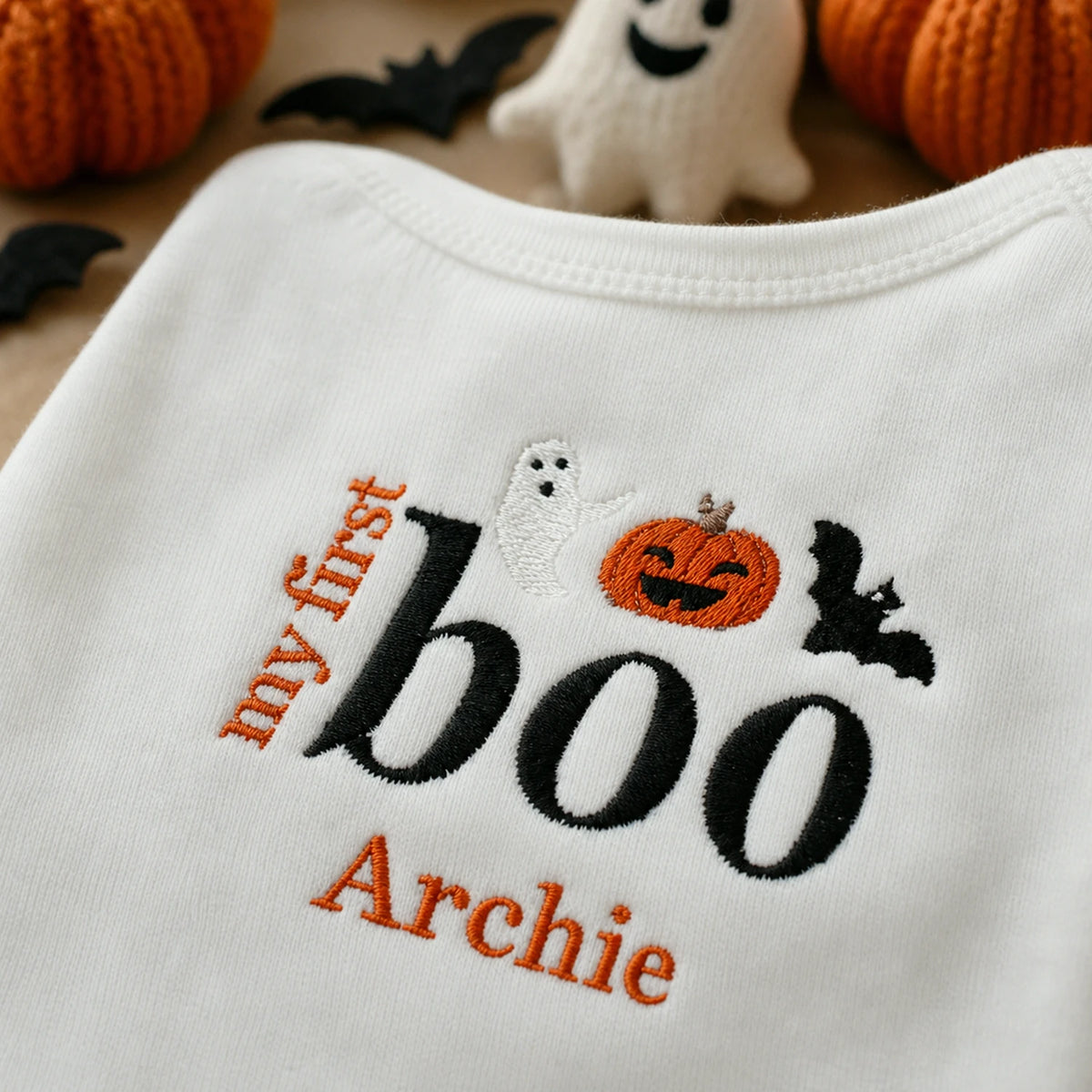 Personalized First Halloween Baby Bodysuit - Embroidered Name with Pumpkin Patch One-Piece, First Fall Season Gift