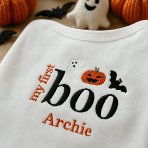 Personalized First Halloween Baby Bodysuit - Embroidered Name with Pumpkin Patch One-Piece, First Fall Season Gift
