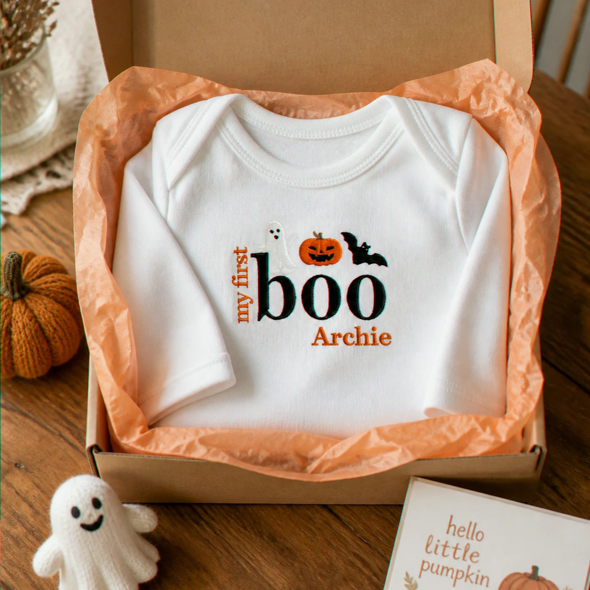 Personalized First Halloween Baby Bodysuit - Embroidered Name with Pumpkin Patch One-Piece, First Fall Season Gift