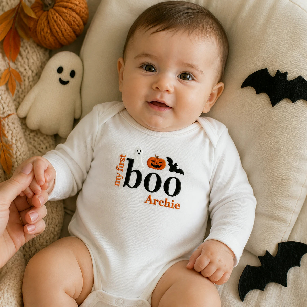 Personalized First Halloween Baby Bodysuit - Embroidered Name with Pumpkin Patch One-Piece, First Fall Season Gift