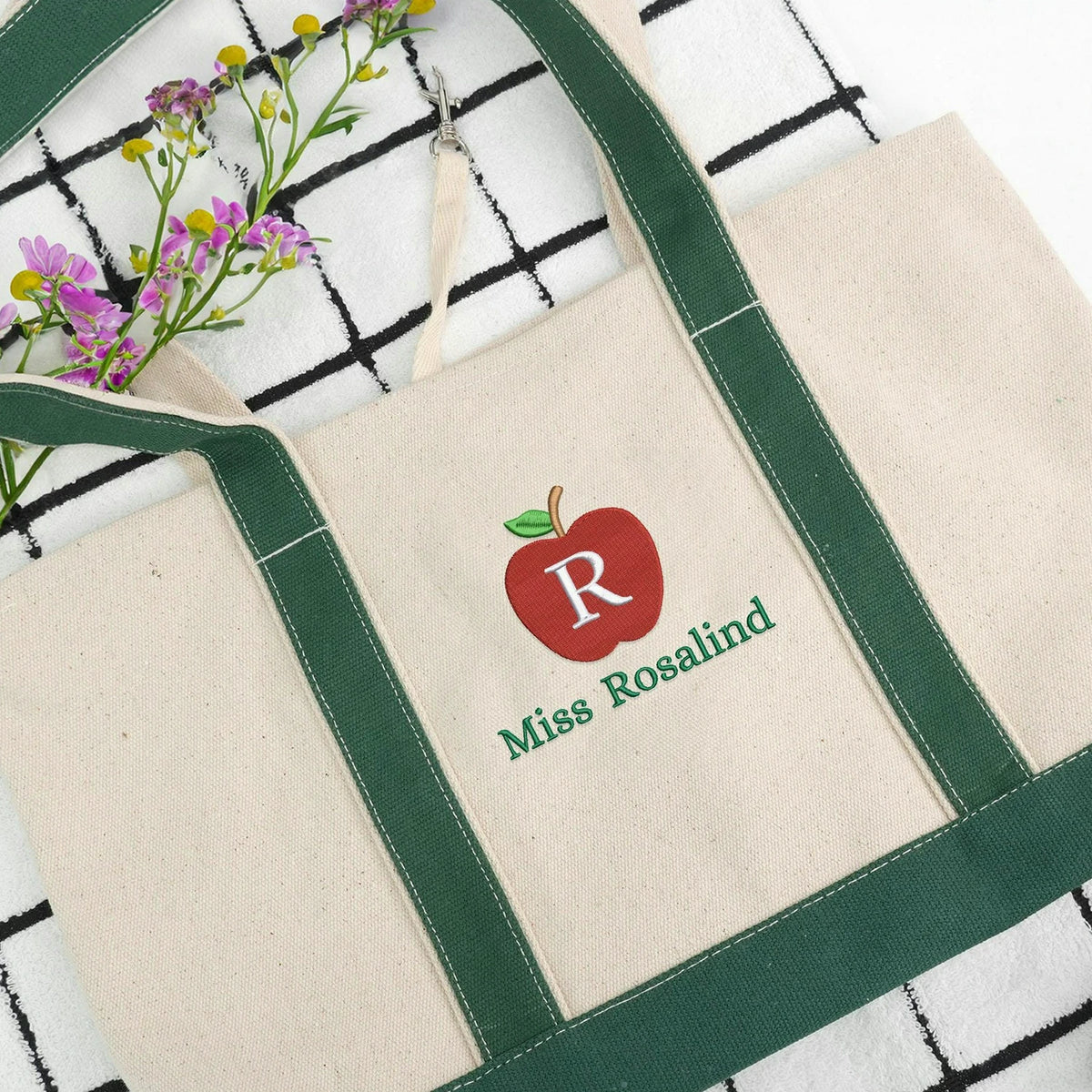 Personalized Apple Monogram & Name Teacher Embroidered Tote Bag