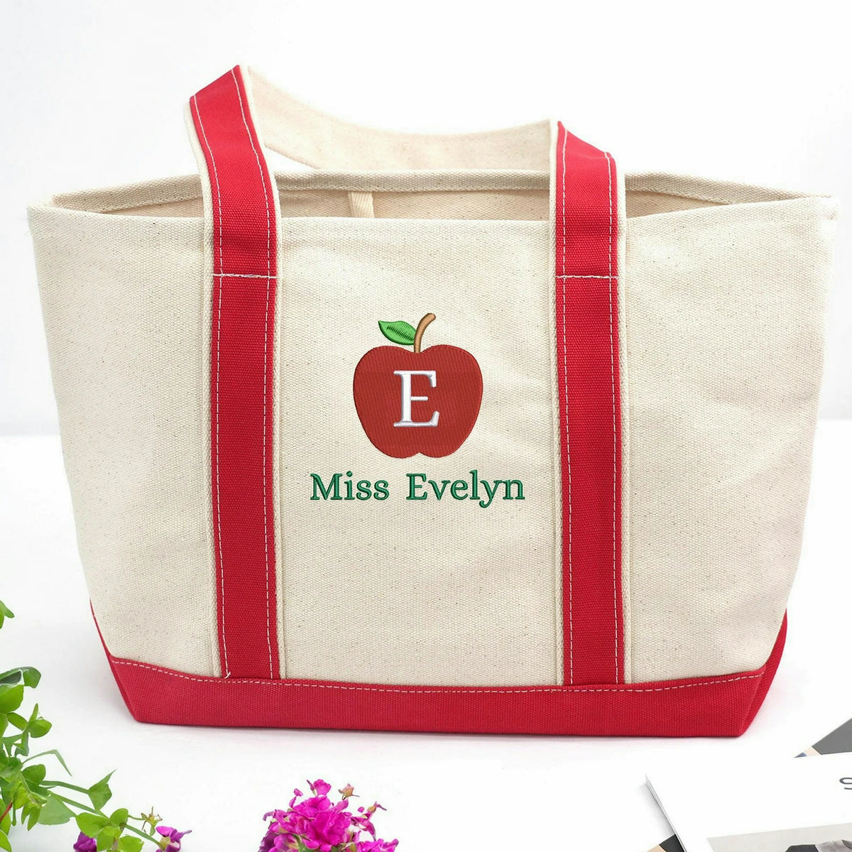Personalized Apple Monogram & Name Teacher Embroidered Tote Bag