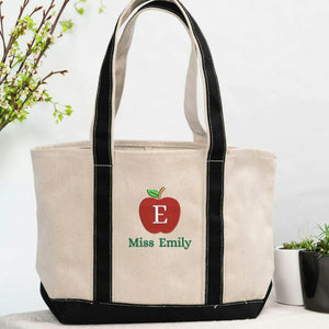 Personalized Apple Monogram & Name Teacher Embroidered Tote Bag