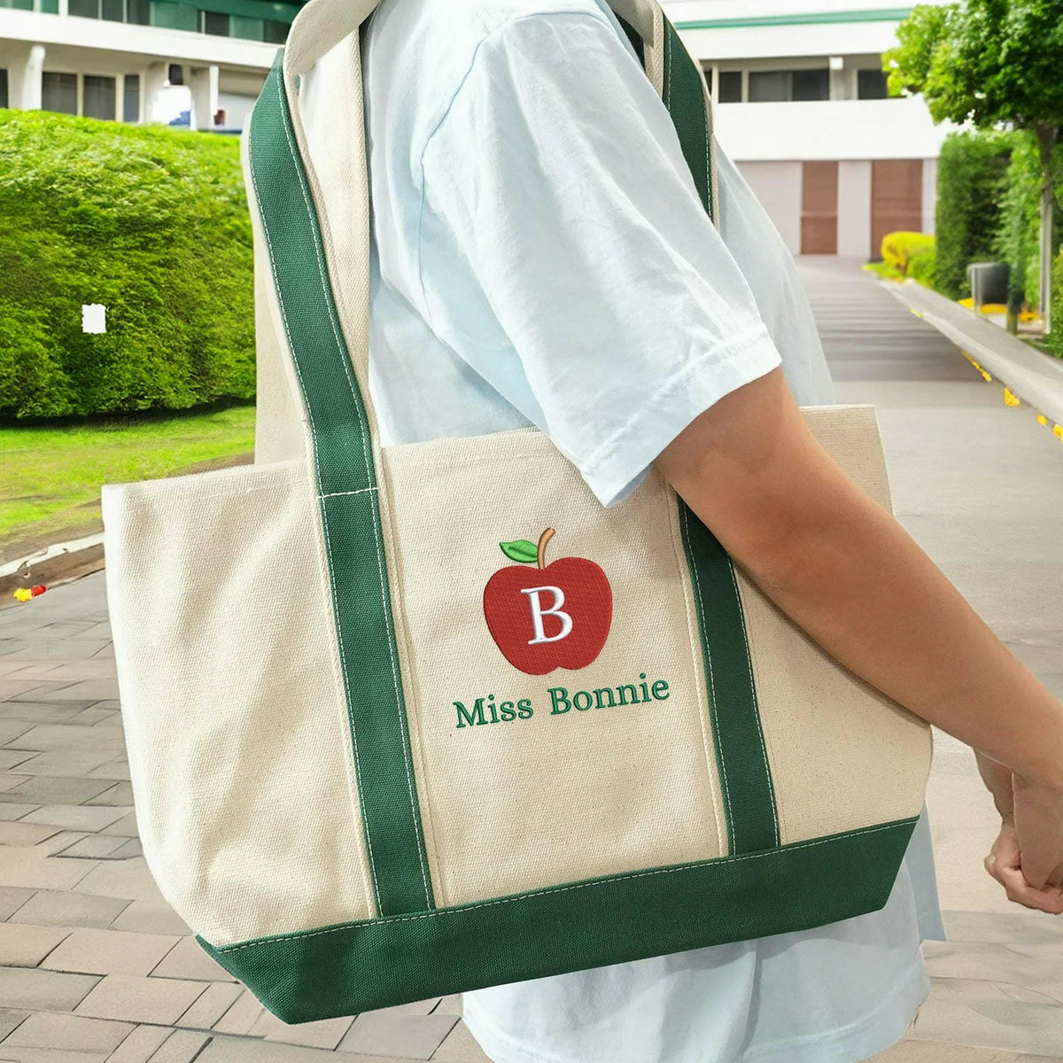 Personalized Apple Monogram & Name Teacher Embroidered Tote Bag