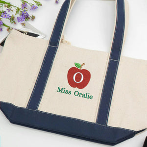 Personalized Apple Monogram & Name Teacher Embroidered Tote Bag