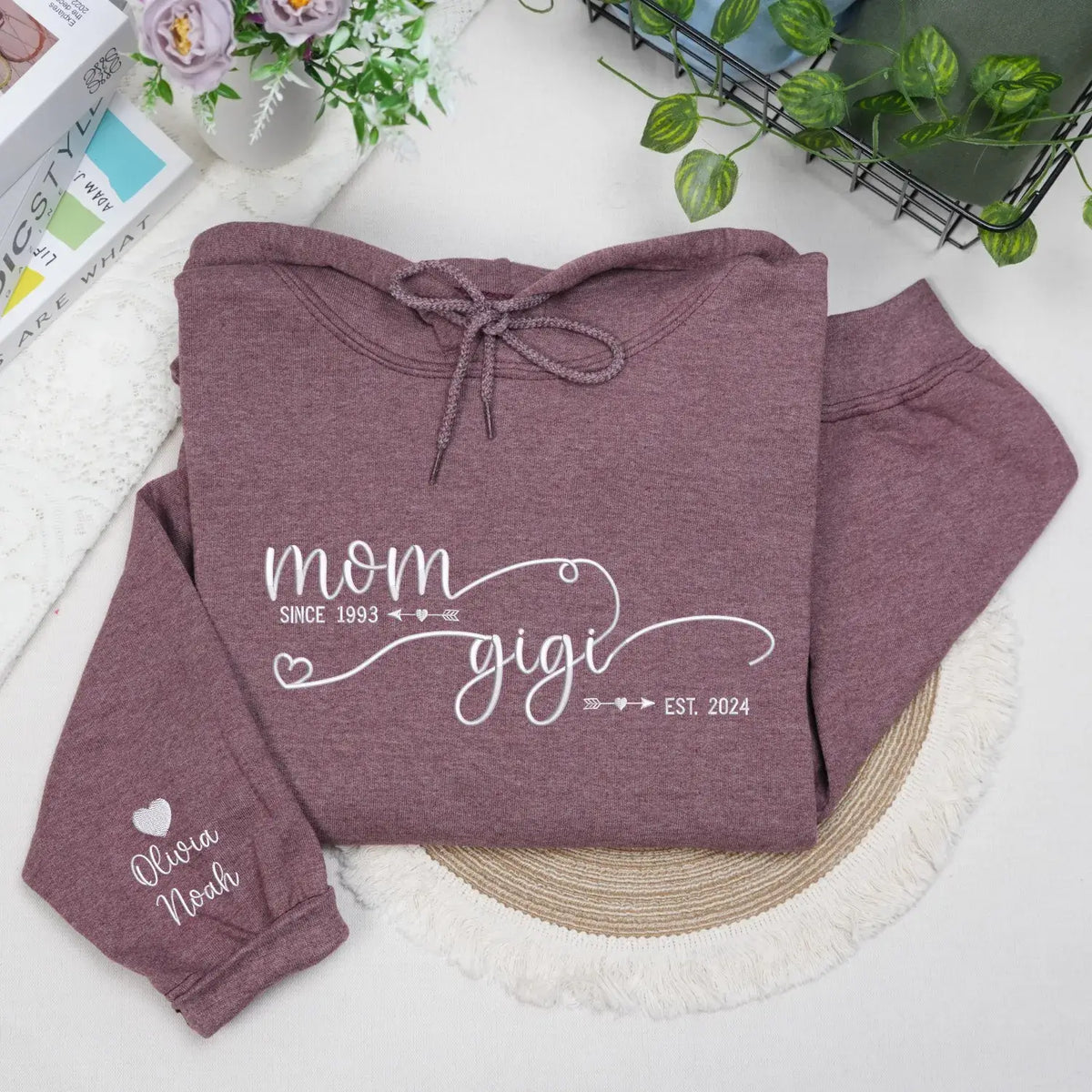Custom embroidered Gigi sweatshirt with kids’ names, perfect personalized gift from grandkids