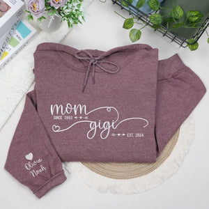 Custom embroidered Gigi sweatshirt with kids’ names, perfect personalized gift from grandkids