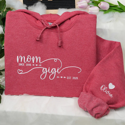 Custom embroidered Gigi sweatshirt with kids’ names, perfect personalized gift from grandkids