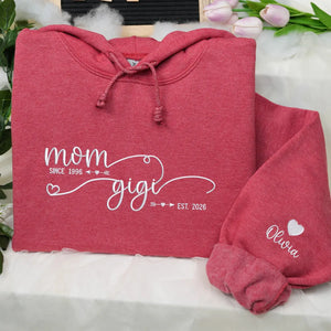 Custom embroidered Gigi sweatshirt with kids’ names, perfect personalized gift from grandkids