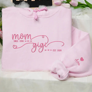 Custom embroidered Gigi sweatshirt with kids’ names, perfect personalized gift from grandkids