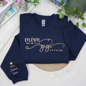 Custom embroidered Gigi sweatshirt with kids’ names, perfect personalized gift from grandkids