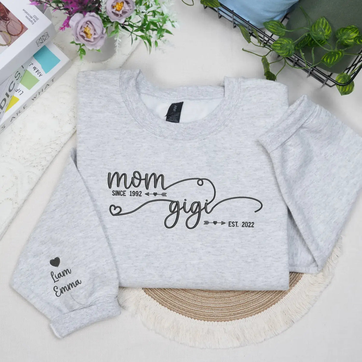 Custom embroidered Gigi sweatshirt with kids’ names, perfect personalized gift from grandkids