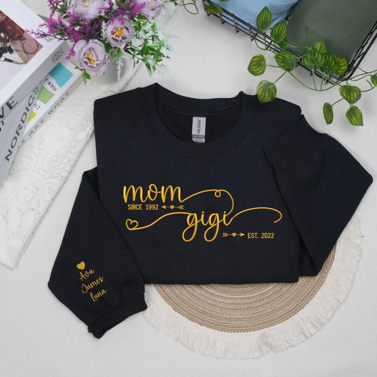 Custom embroidered Gigi sweatshirt with kids’ names, perfect personalized gift from grandkids