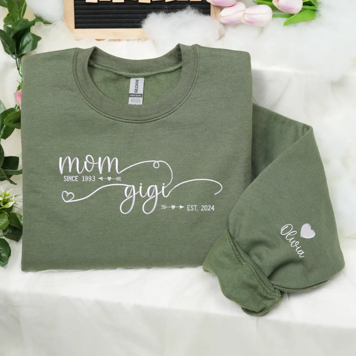 Custom embroidered Gigi sweatshirt with kids’ names, perfect personalized gift from grandkids
