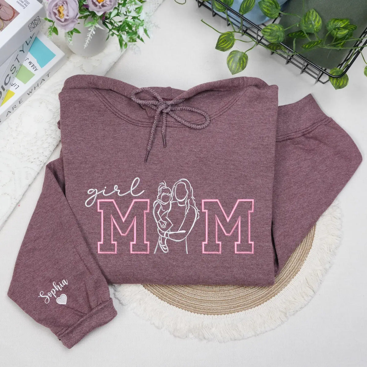 personalized girl mom sweatshirt with custom photo portrait and kids name embroidered design