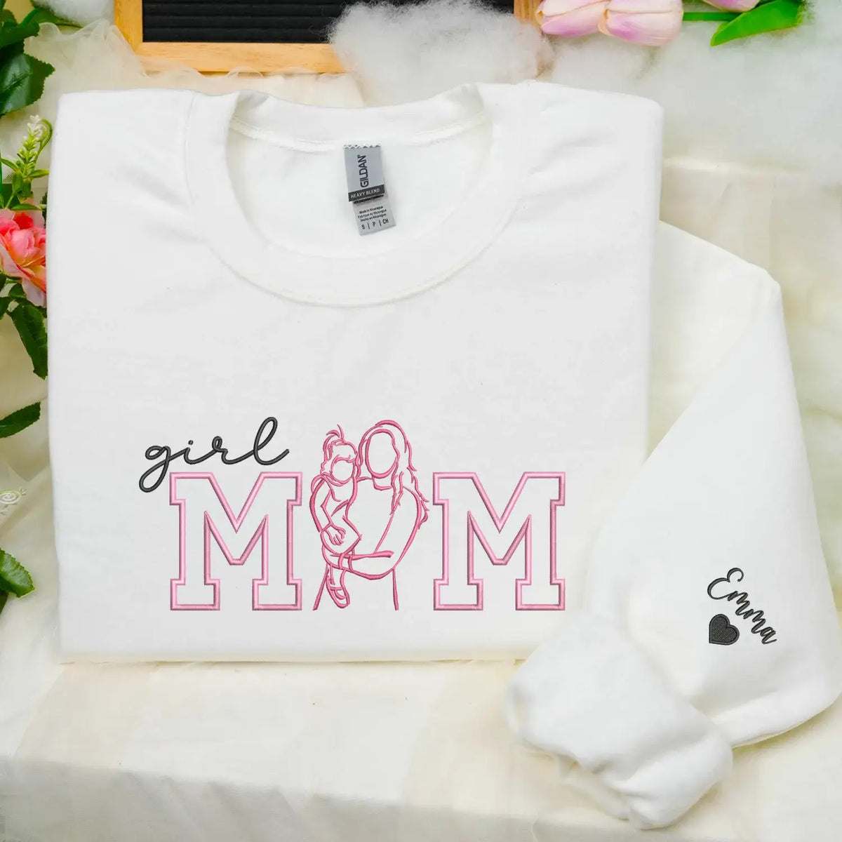 personalized girl mom sweatshirt with custom photo portrait and kids name embroidered design