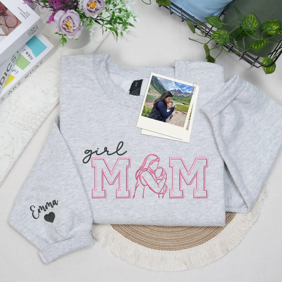 custom mom embroidered sweatshirt with kids photo portrait mama wears her heart on her sleeve design