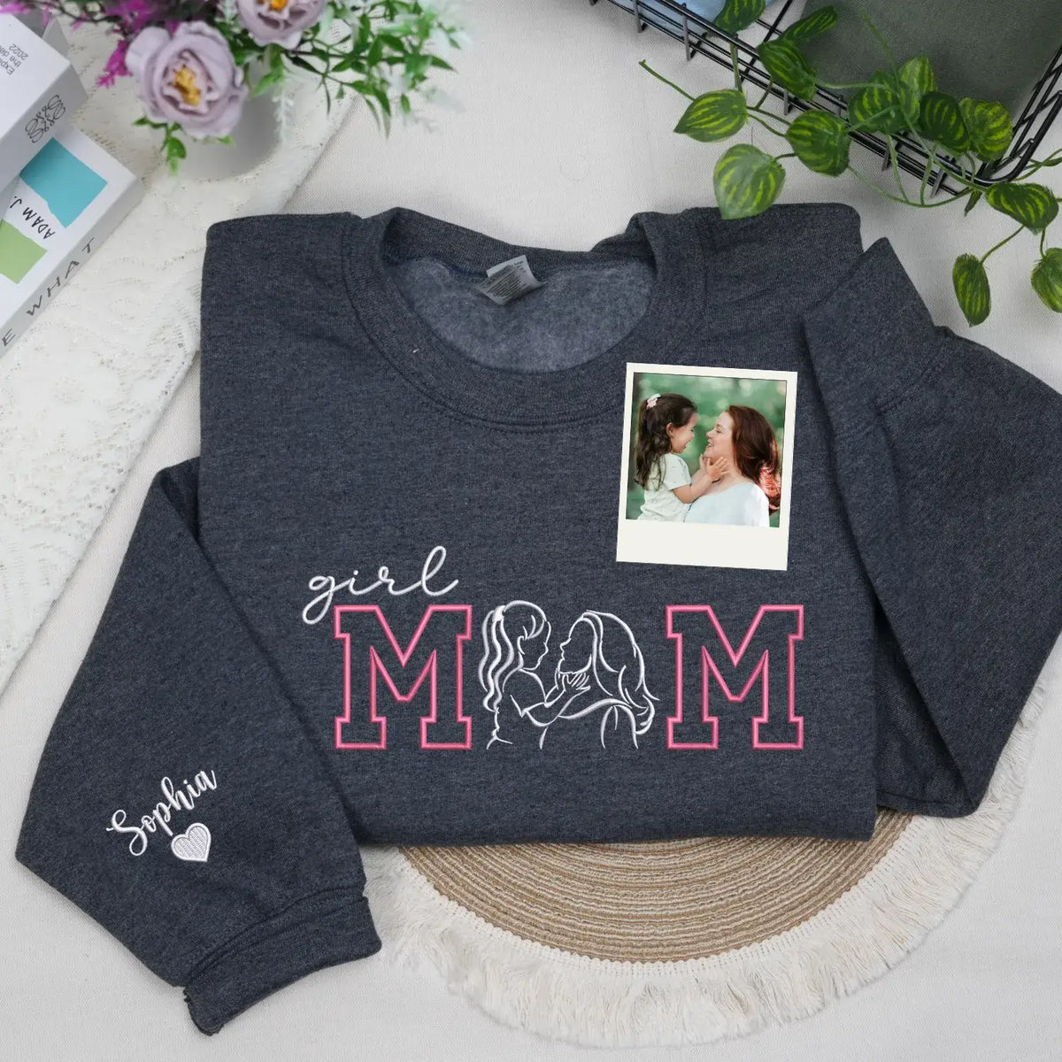 custom mom embroidered sweatshirt with kids photo portrait mama wears her heart on her sleeve design