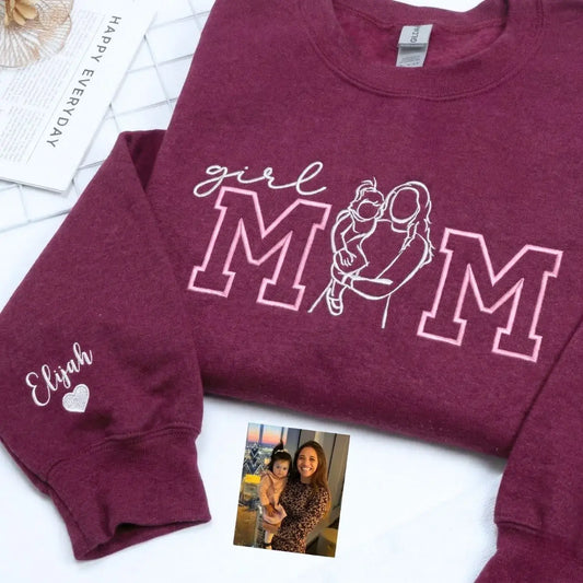 personalized girl mom sweatshirt with custom photo portrait and kids name embroidered design