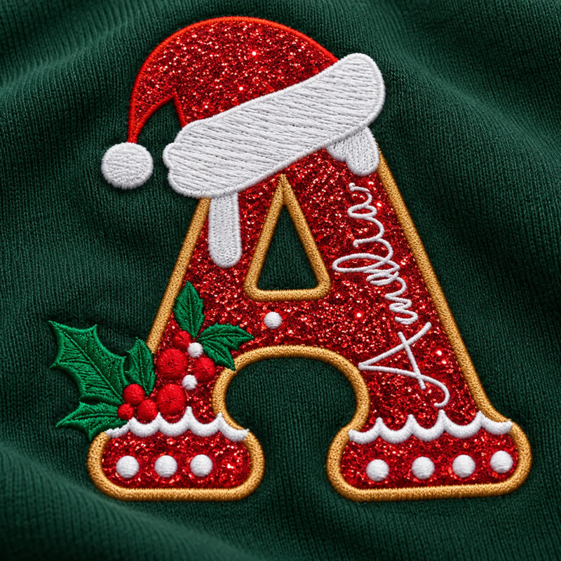 Personalized Glitter Gingerbread Letter Sweatshirt - Applique Embroidered Name with Santa Hat, 2026 Xmas Gift