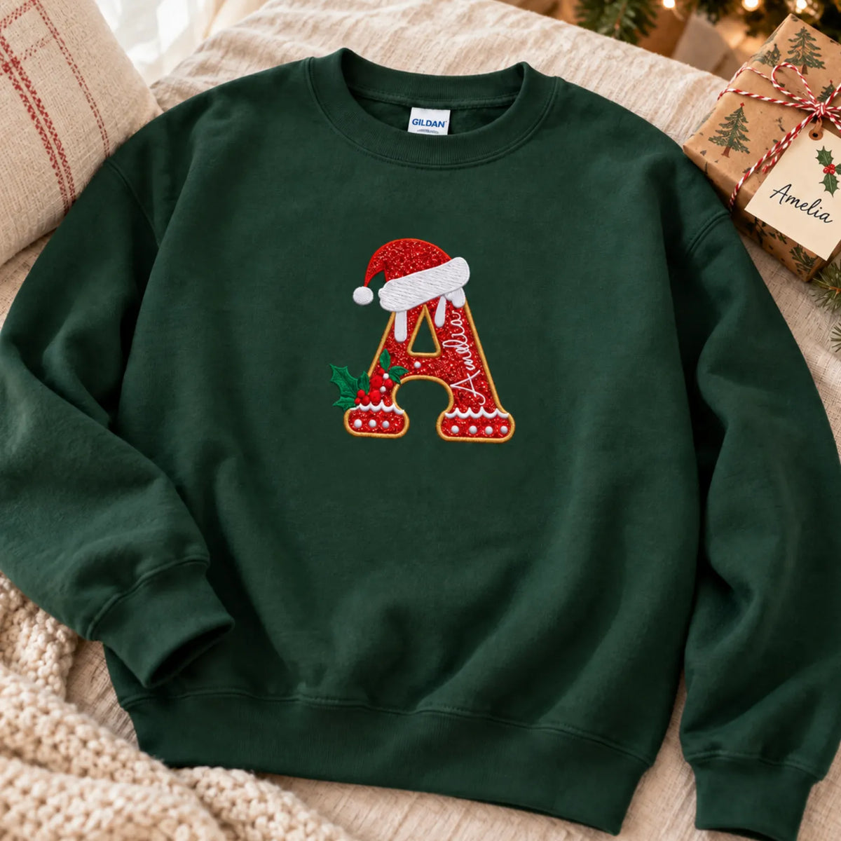 Personalized Glitter Gingerbread Letter Sweatshirt - Applique Embroidered Name with Santa Hat, 2026 Xmas Gift