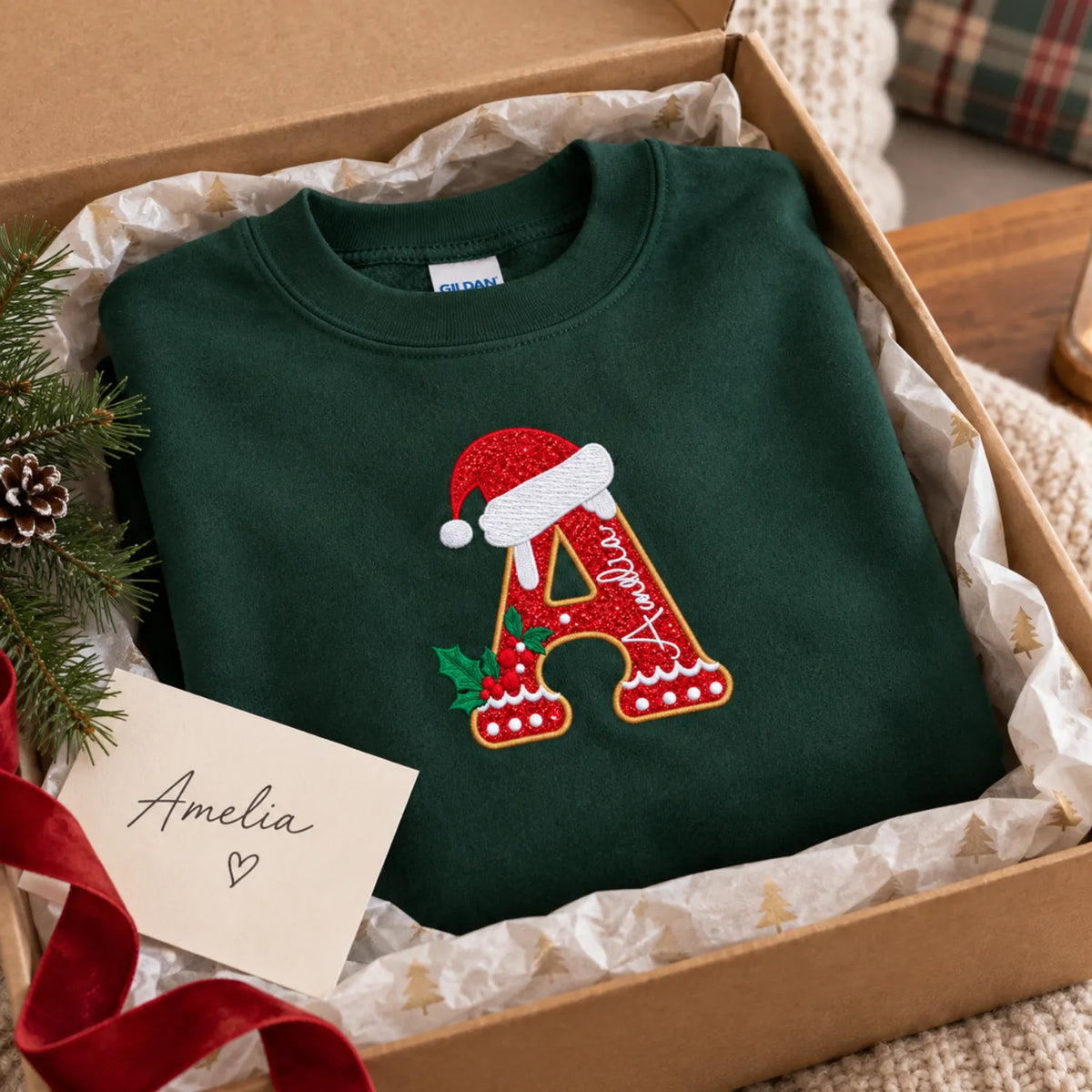 Personalized Glitter Gingerbread Letter Sweatshirt - Applique Embroidered Name with Santa Hat, 2026 Xmas Gift