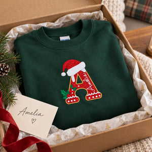 Personalized Glitter Gingerbread Letter Sweatshirt - Applique Embroidered Name with Santa Hat, 2026 Xmas Gift